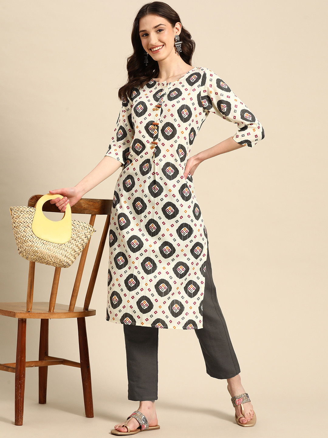 Sangria Women Off White Bandhani Printed Regular Beads and Stones Kurta with Trousers