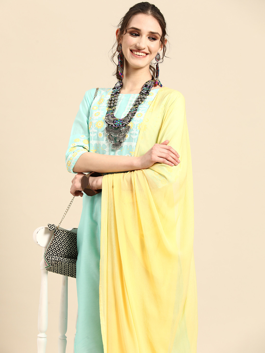 Sangria Women Blue Floral Printed Regular Chanderi Cotton Kurta with Palazzos & With Dupatta