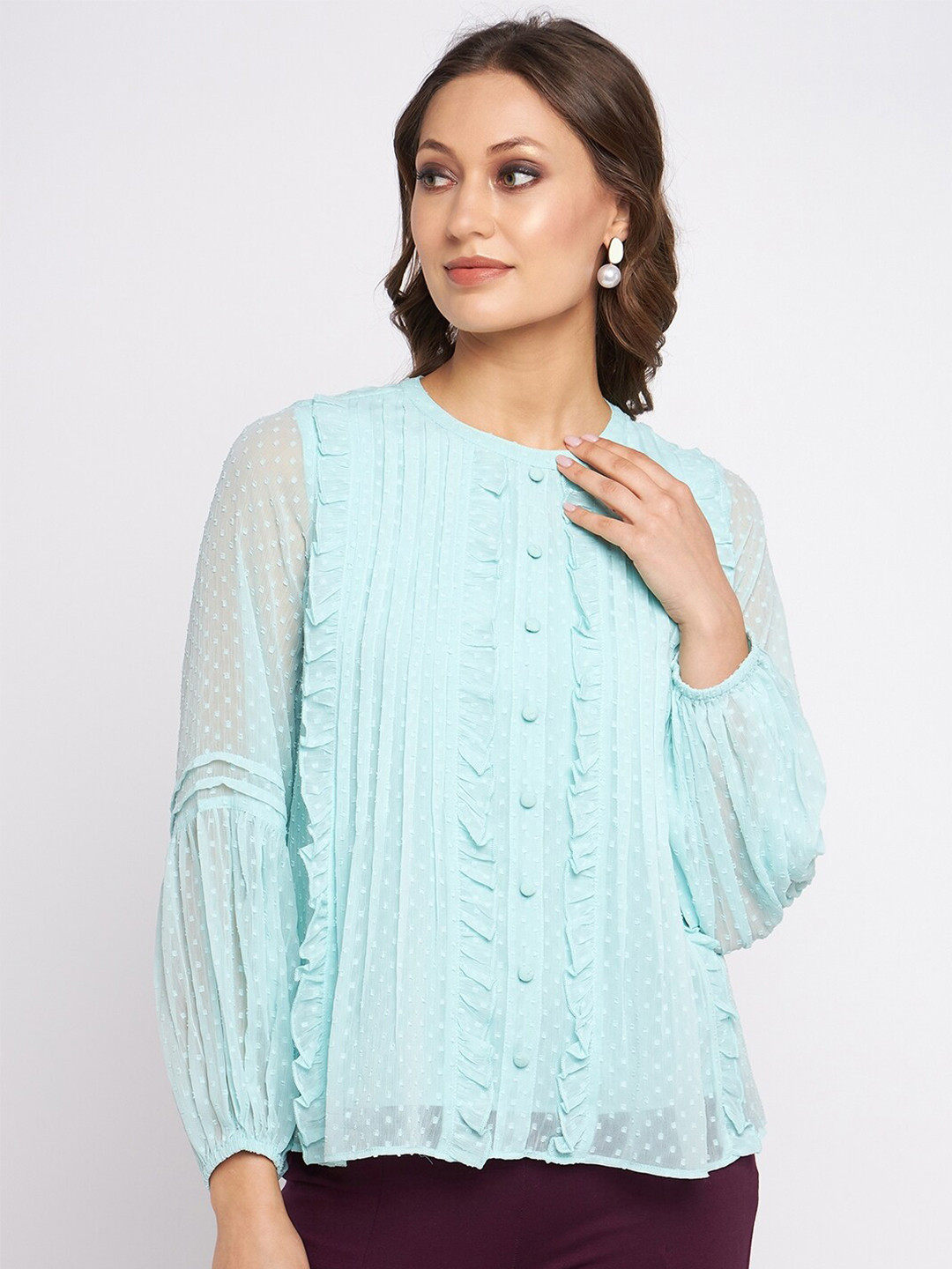 Antheaan Elit Self Design Dobby Chiffon Puff Sleeves Top