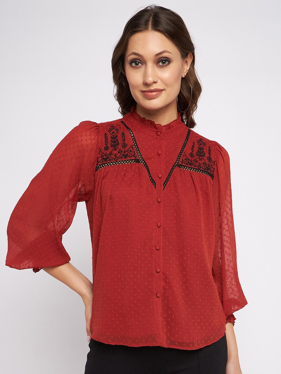 Antheaan Elit Self Design Yoke Embroidered Mandarin Collar Puff Sleeves Chiffon Shirt Style Top