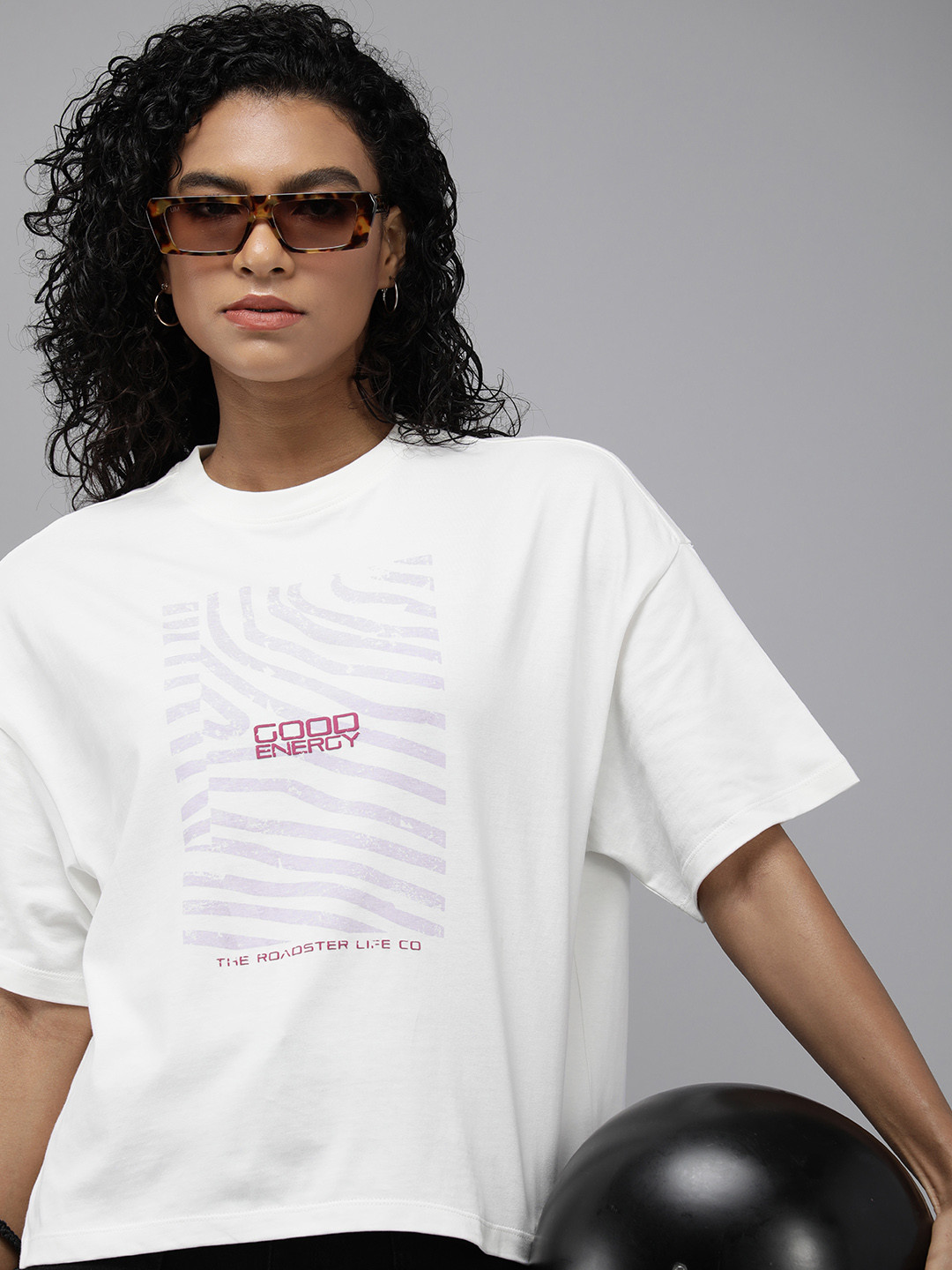 Roadster Women Off White Printed Drop-Shoulder Sleeves Boxy T-shirt