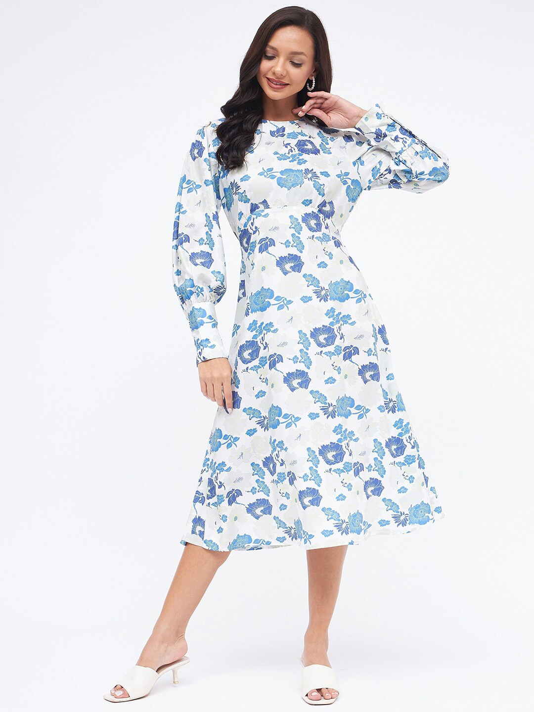 Kibo Floral Boat Neck Bishop Sleeve Midi Dress