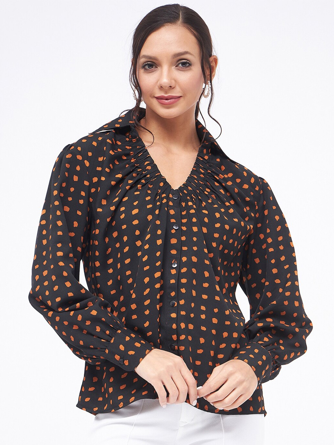 Kibo Modern Spread Collar Geometric Printed Casual Crepe Shirt