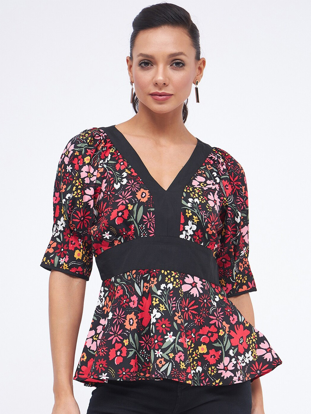 Kibo Black Floral Printed Crepe Puff Sleeves Peplum Top