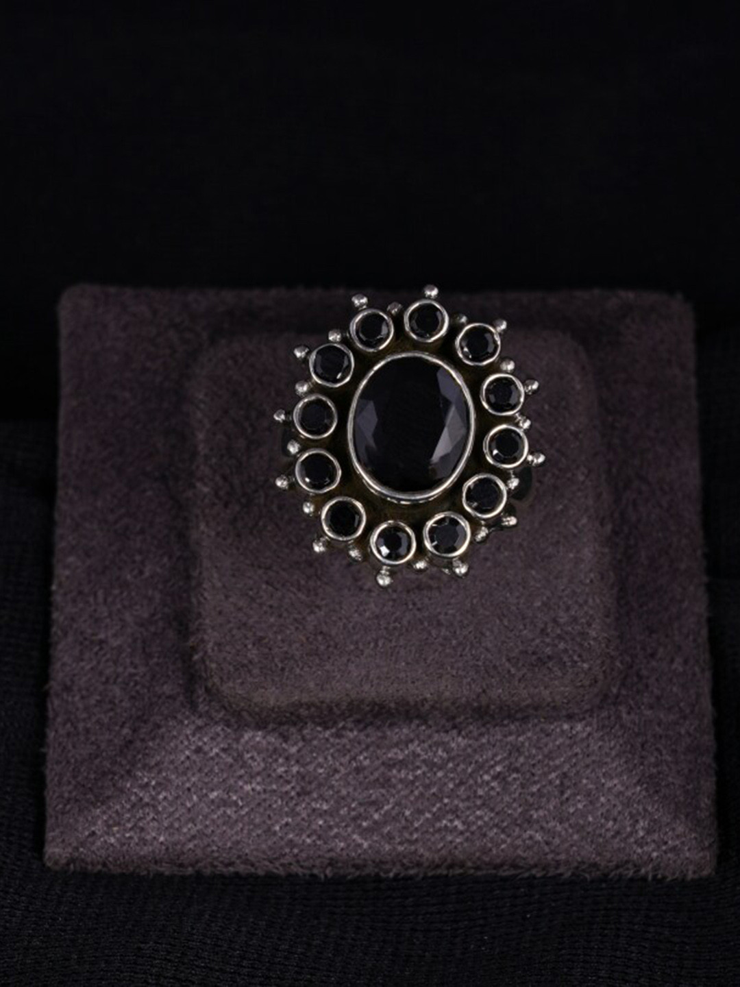 Shyle Ethnic Motif Stone-Studded Oxidized Sterling Silver Finger Ring