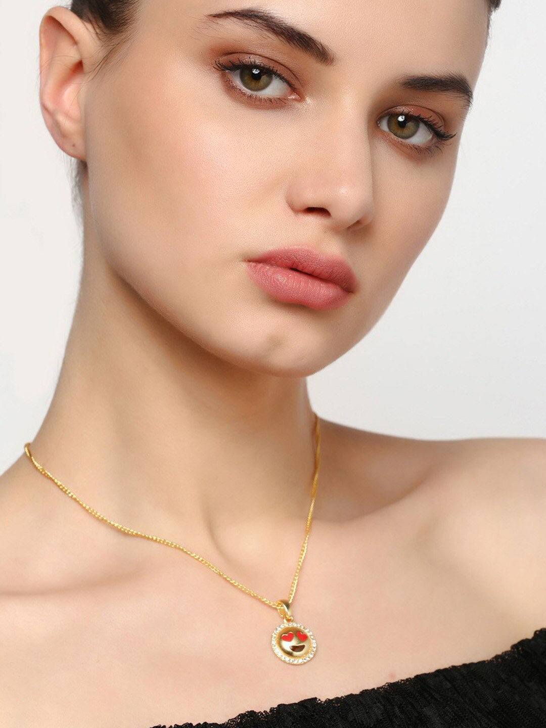 Estele Gold-Plated Stone-Studded Heart Eyes Emoji Charm Pendant With Chain