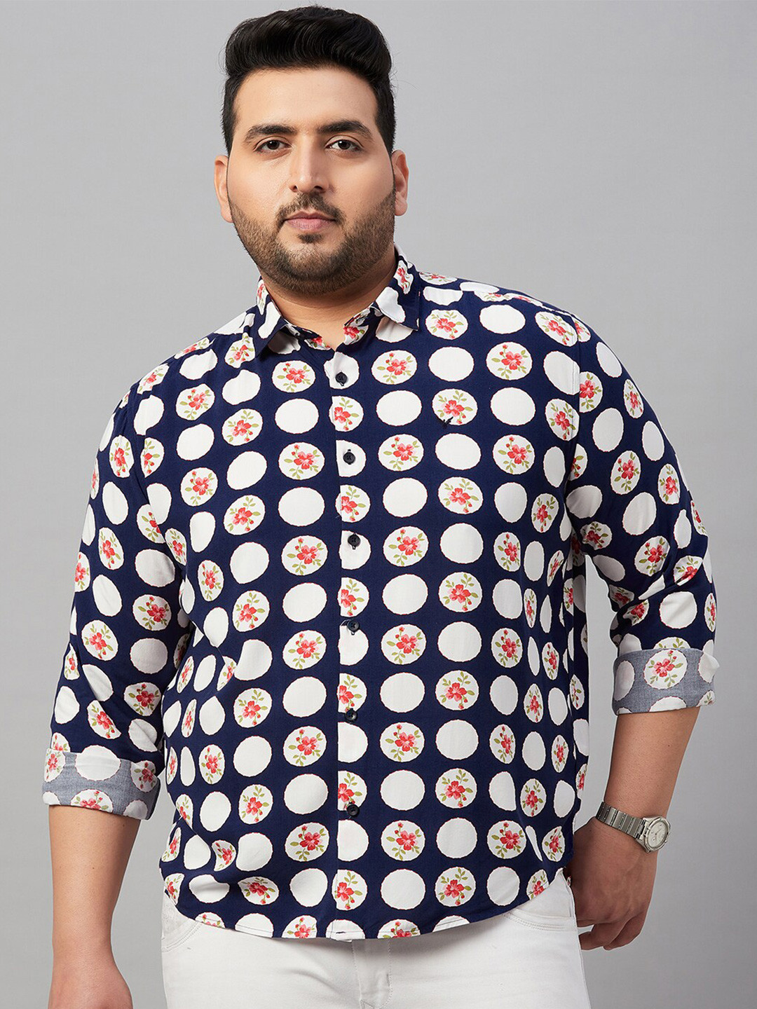 SHOWOFF Plus Size Smart Spread Collar Floral Printed Cotton Casual Shirt