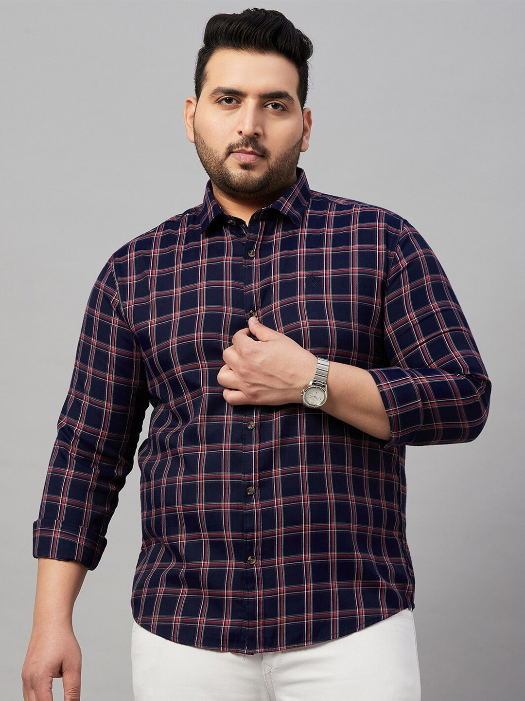 SHOWOFF Plus Size Spread Collar Tartan Checked Cotton Casual Shirt