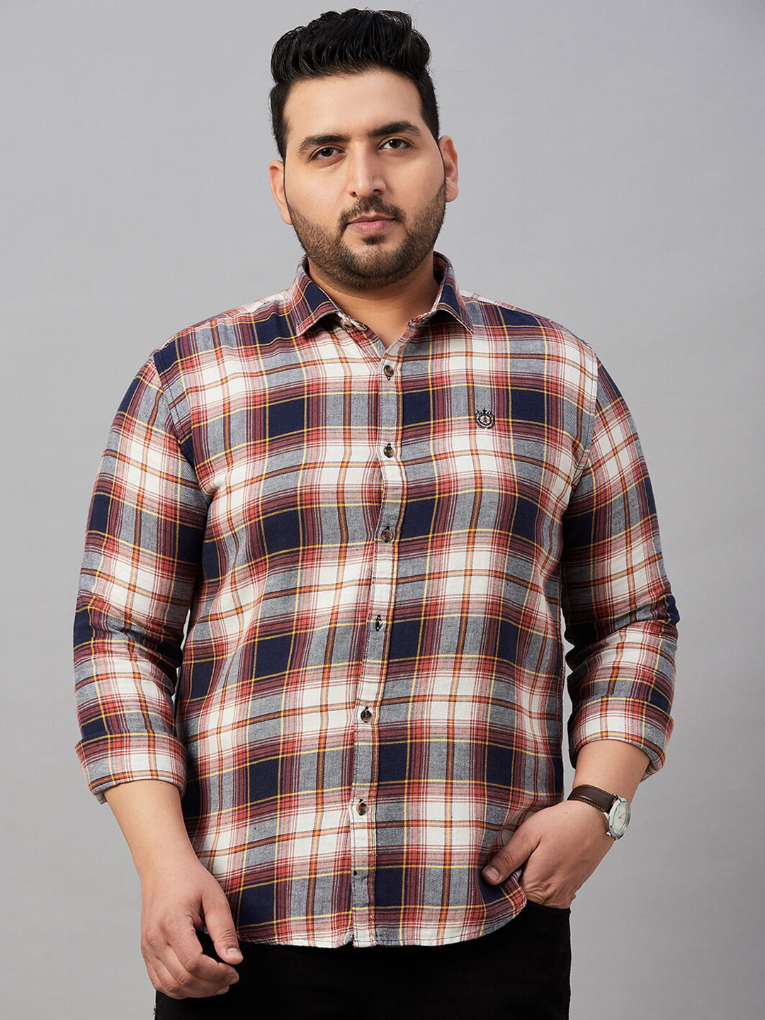 SHOWOFF Plus Tartan Checks Cotton Casual Shirt