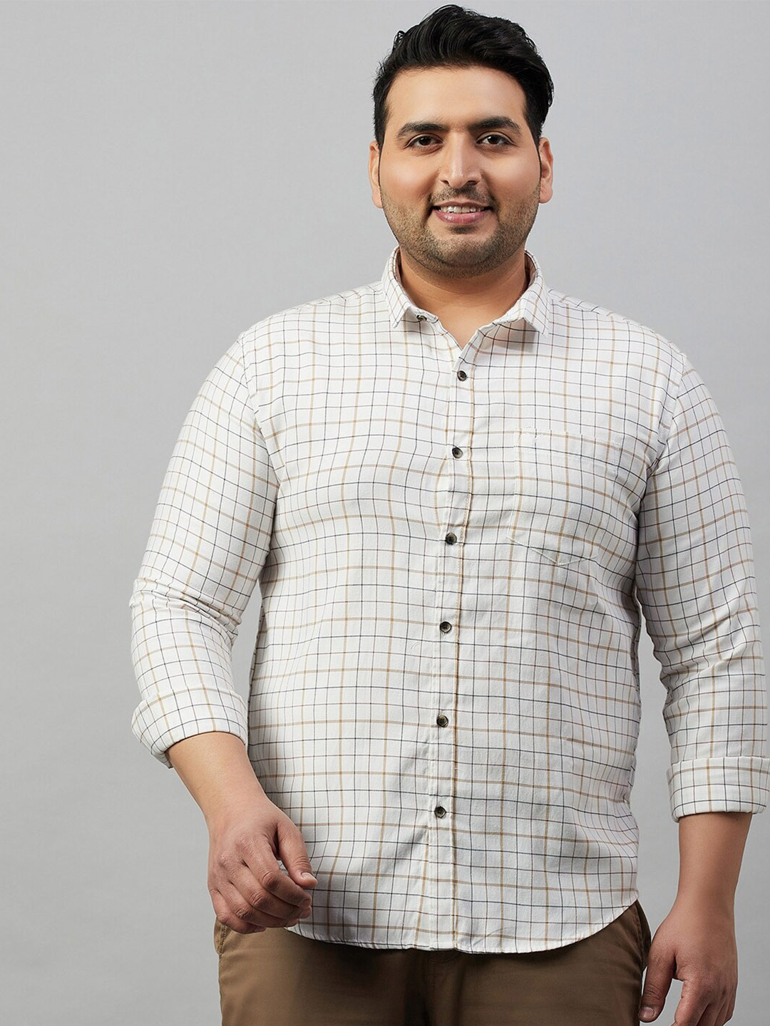 SHOWOFF Plus Plus Size Grid Tattersall Checks Twill Cotton Casual Shirt