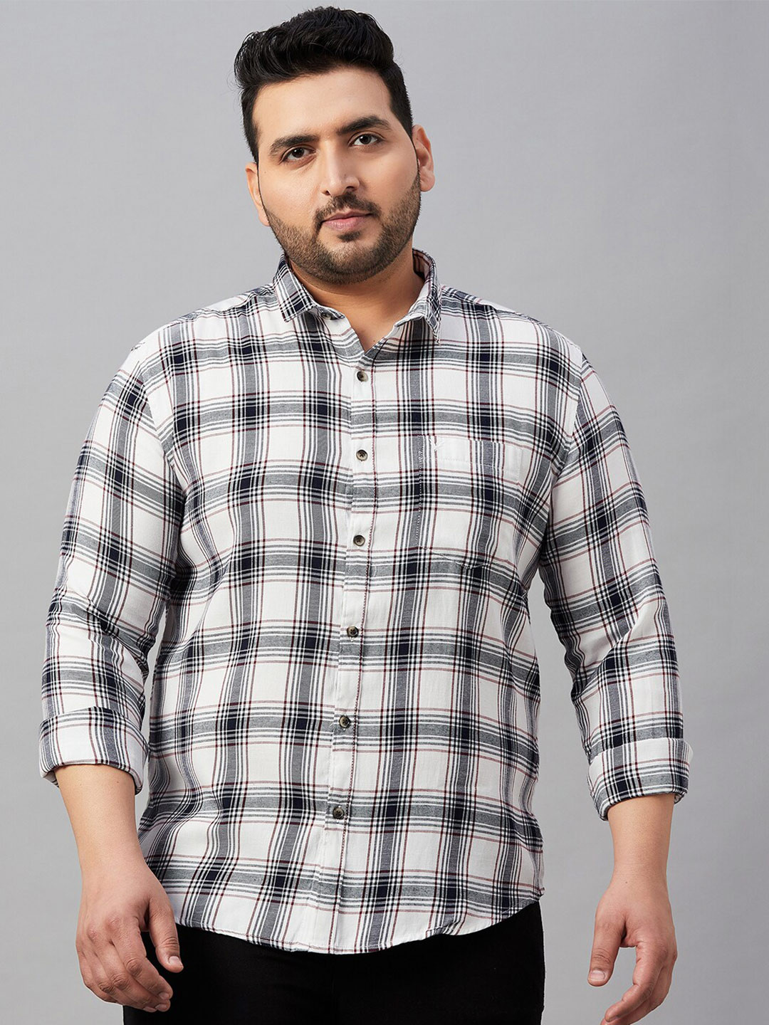 SHOWOFFFF Plus Size Tartan Checks Cotton Casual Shirt