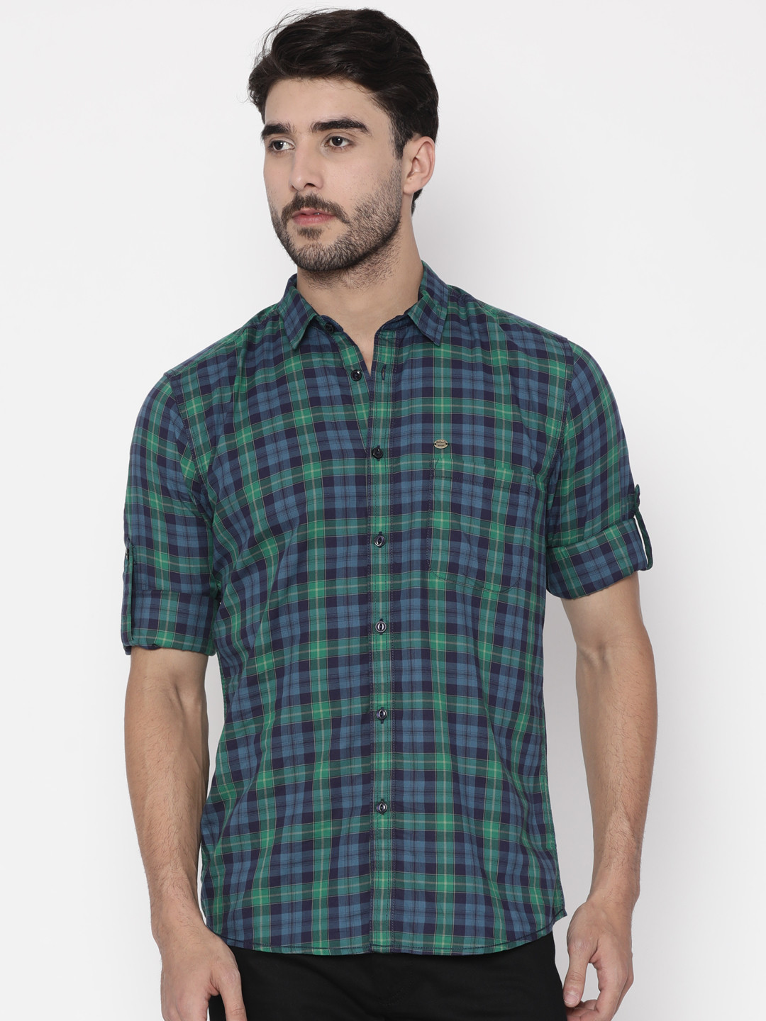 Slub Men Blue & Green Slim Fit Checked Casual Shirt