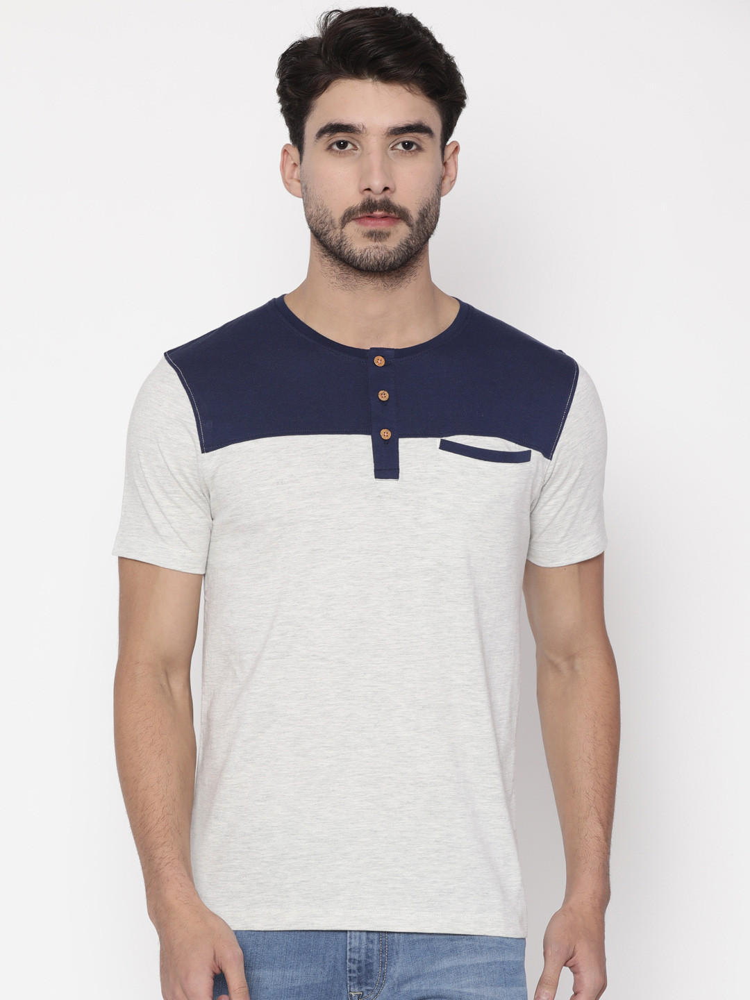 Slub Men Grey Melange Solid Henley Neck 