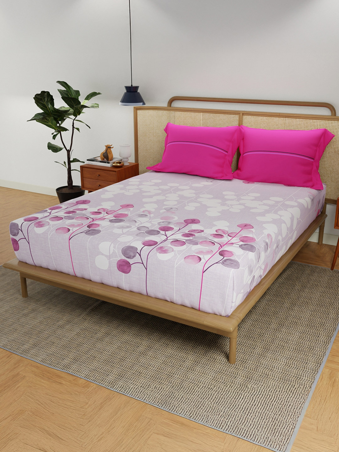 URBAN SPACE Divine Purple Floral Pure Cotton 144 TC Fitted Queen Bedsheet with 2 Pillow Covers-100 x 87 inches