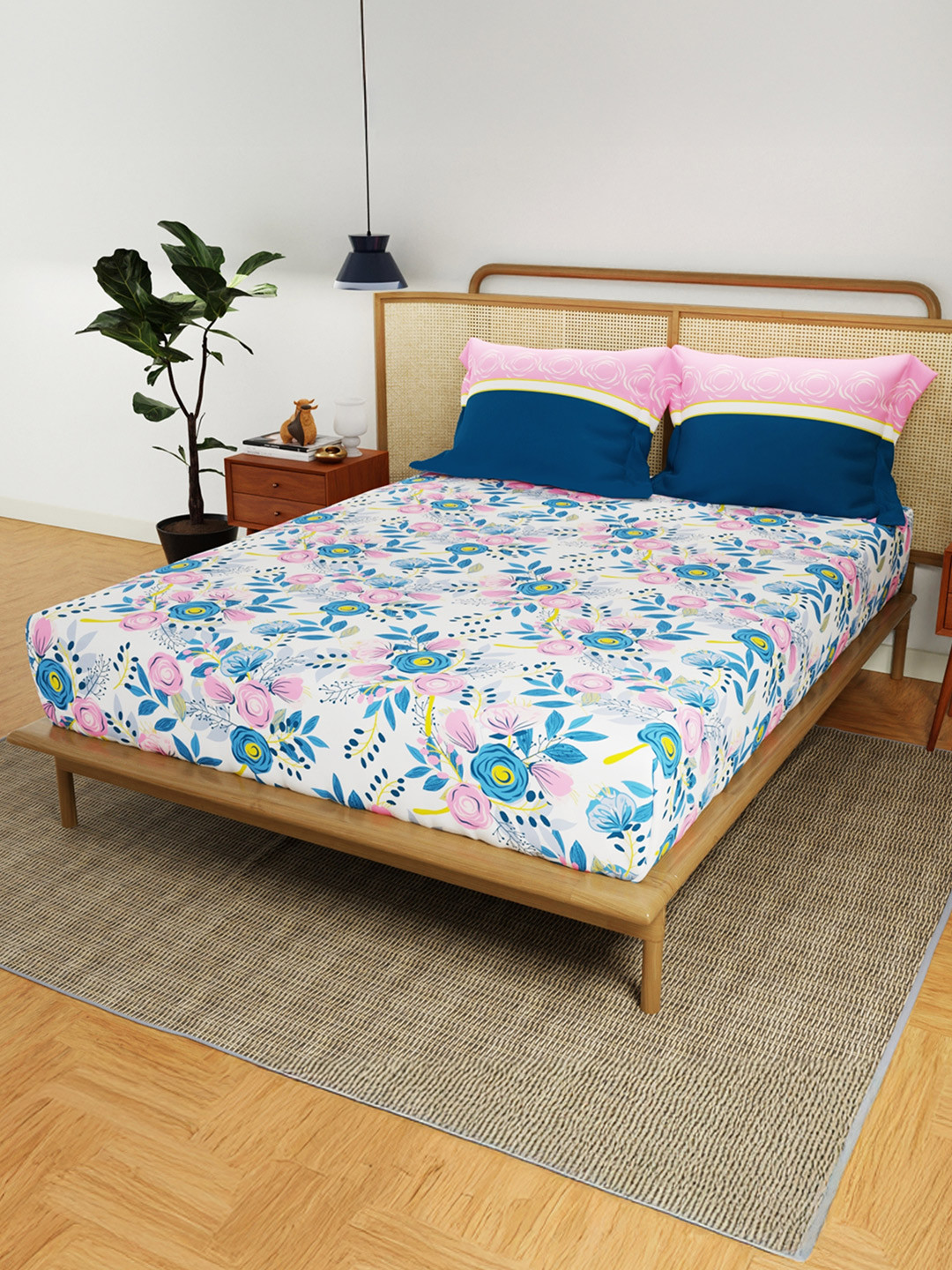 URBAN SPACE Divine Blue Floral Cotton 144 TC Fitted Queen fine Bedsheet with 2 Pillow Covers-100 x 87 inches