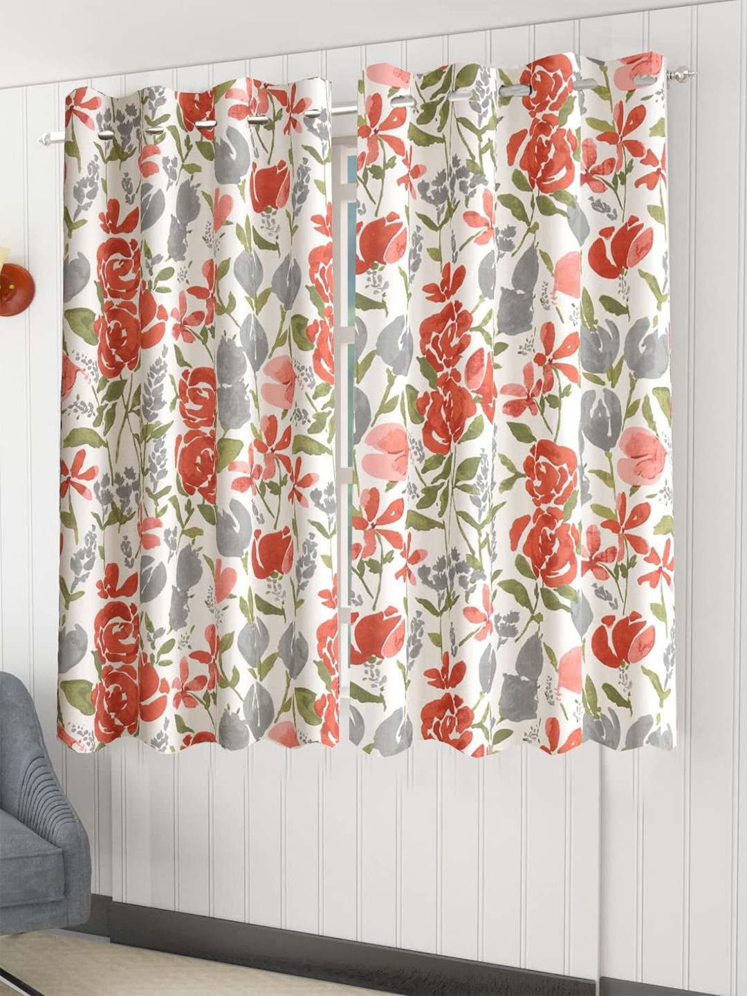 Trance Home Linen White & Red 2 Pieces Floral Printed Cotton Window Curtains