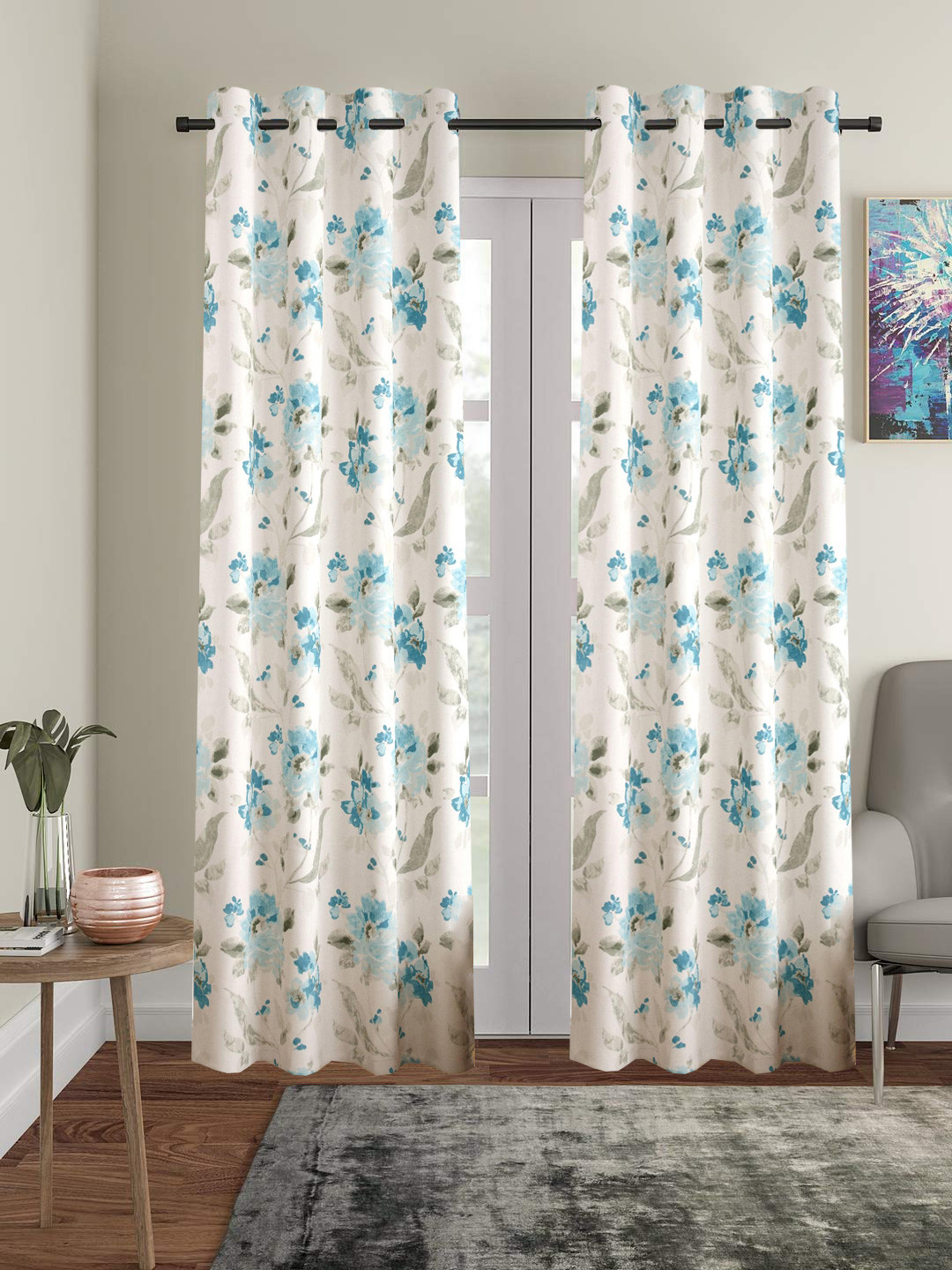 Trance Home Linen White & Blue 2 Pieces Floral Printed Cotton Door Curtains