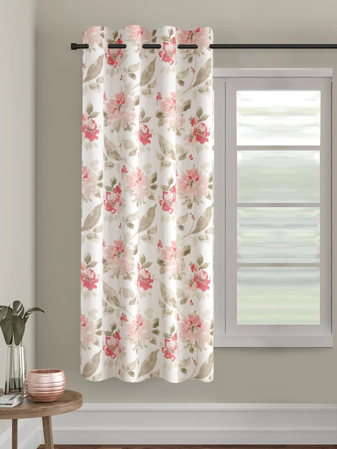 Trance Home Linen White & Pink 2 Pieces Floral Printed Cotton Window Curtains