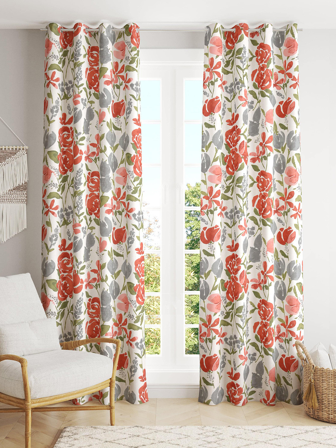 Trance Home Linen White & Red 2 Pieces Floral Printed Cotton Long Door Curtain