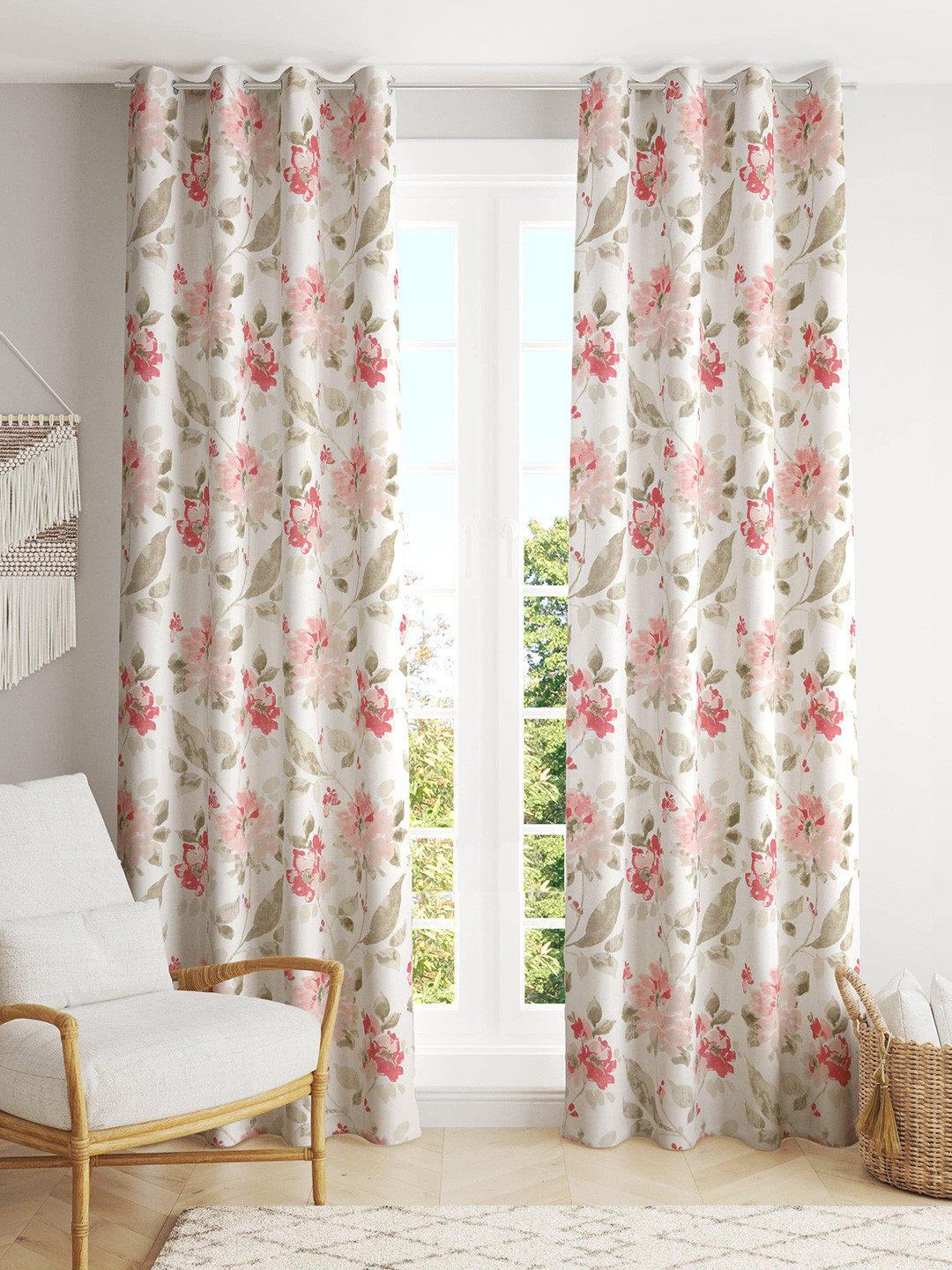 Trance Home Linen White & Pink 2 Pieces Floral Printed Cotton Long Door Curtain