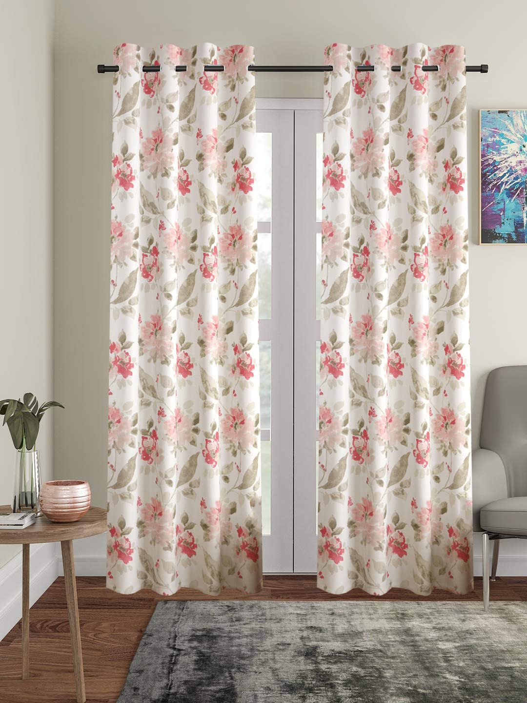 Trance Home Linen White & Pink 2 Pieces Floral Printed Cotton Door Curtains