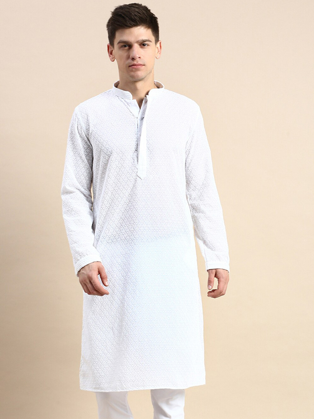 Sanwara  Embroidered Cotton Mandarin Collar Long Sleeves Chikankari Straight Kurta