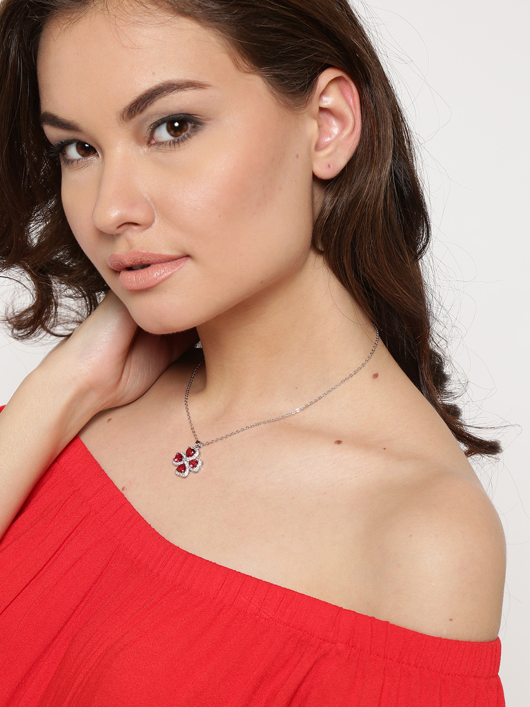 Jewels Galaxy Red & Silver-Toned Platinum-Plated CZ Stone-Studded Pendant with Chain