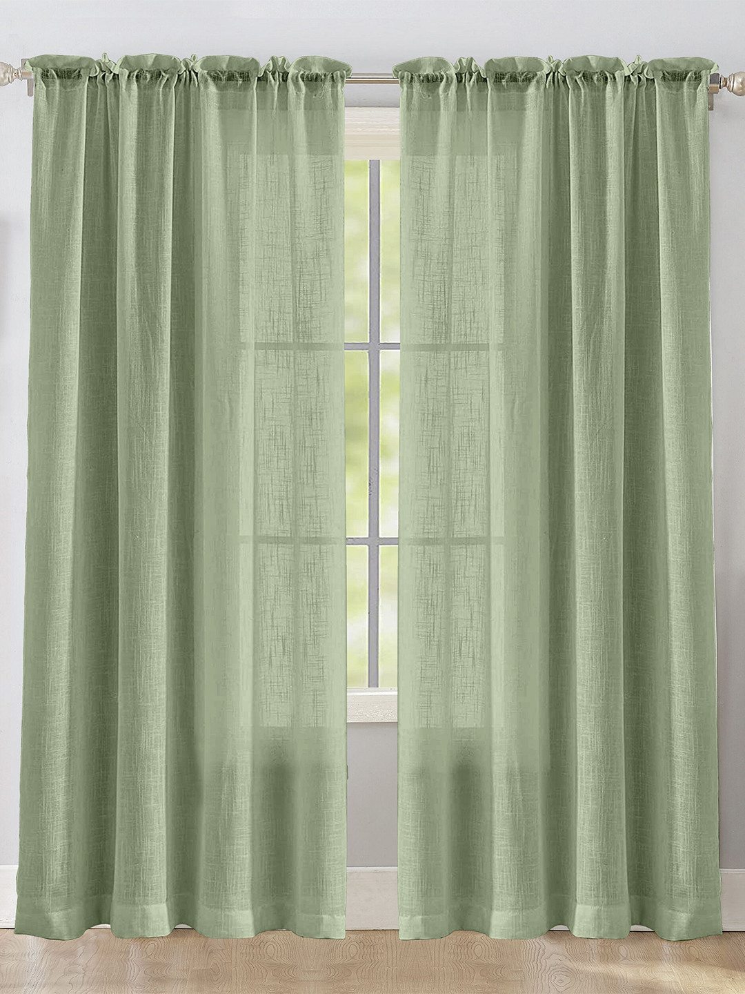 HOMEMONDE Green 2 Pieces Sheer Rod Pocket Window Curtains