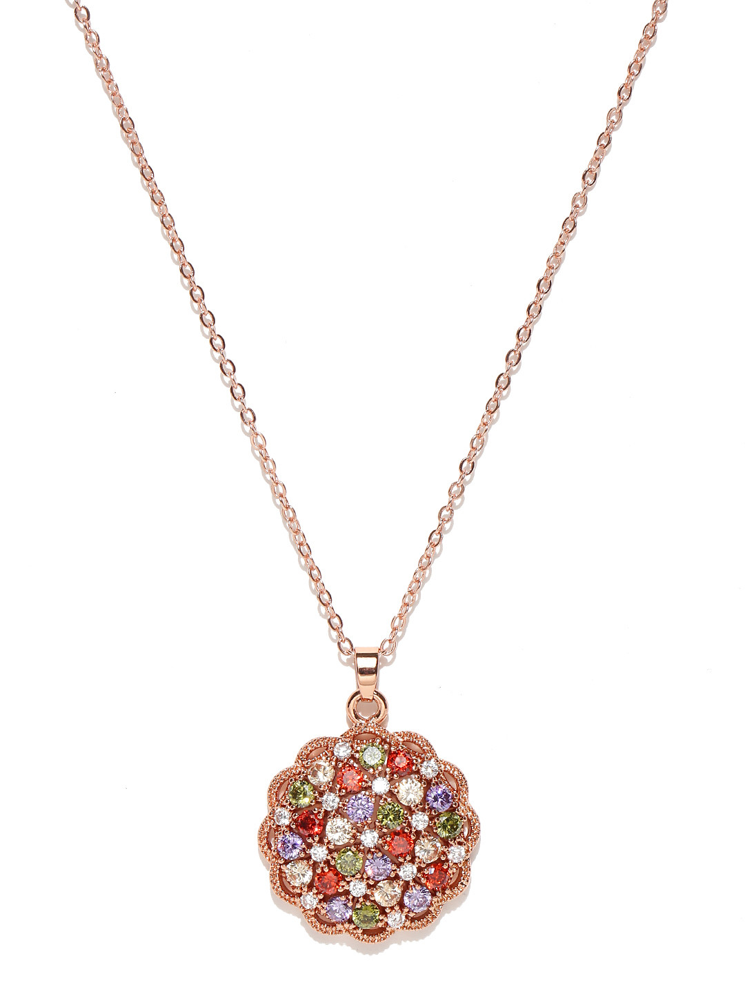 Jewels Galaxy Multicoloured Rose Gold-Plated Stone-Studded Pendant with Chain