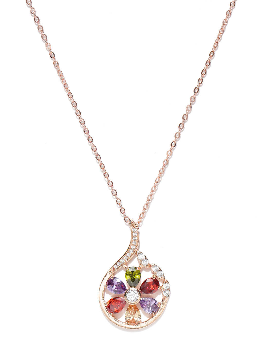 Jewels Galaxy Multicoloured Rose Gold-Plated Stone-Studded Pendant with Chain
