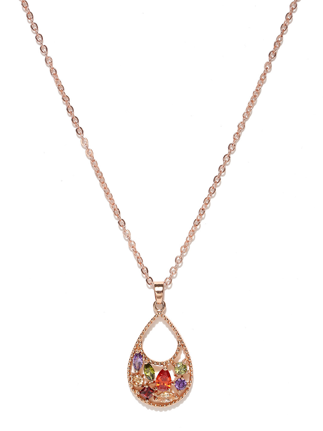 Jewels Galaxy Multicoloured Rose Gold-Plated Stone-Studded Pendant with Chain