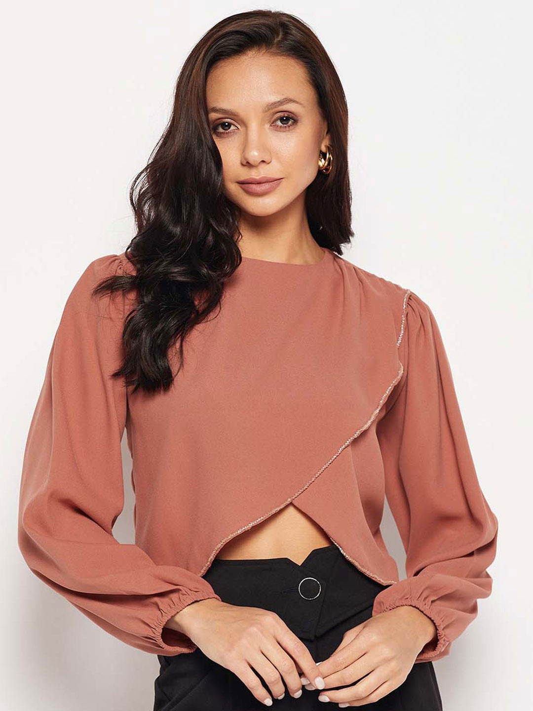 CAMLA Boat Neck Cuffed Sleeves Crop Top