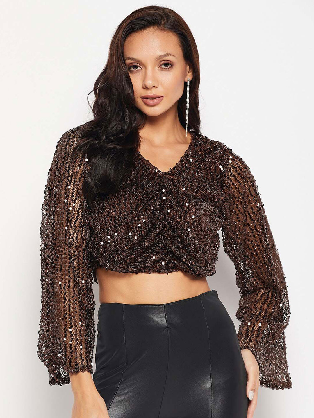 CAMLA Embellished V-Neck Long Sleeves Crop Top