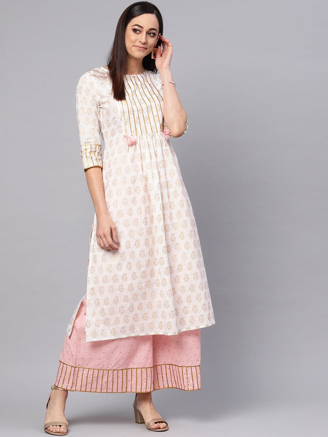 Idalia Ethnic Motif Printed Keyhole Neck Gotta Patti A-Line Kurta With Palazzos
