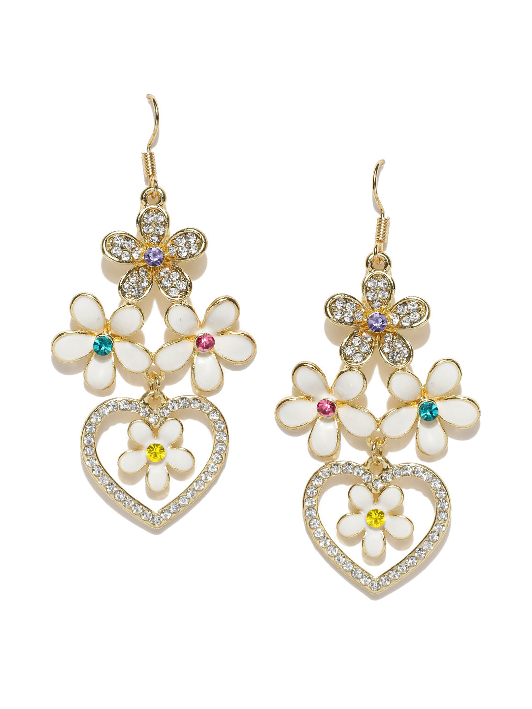 Jewels Galaxy Gold-Toned & White CZ Stone-Studded Handcrafted Floral Drop Earrings