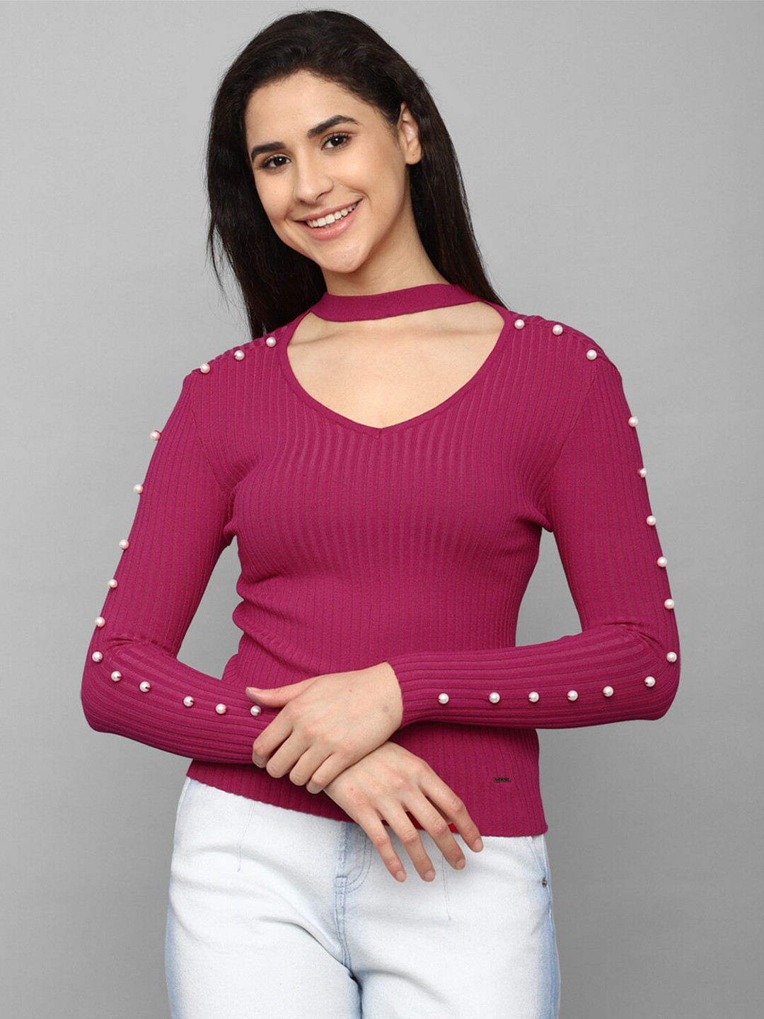 Allen Solly Woman Choker Neck Fitted With Beaded Detail Top