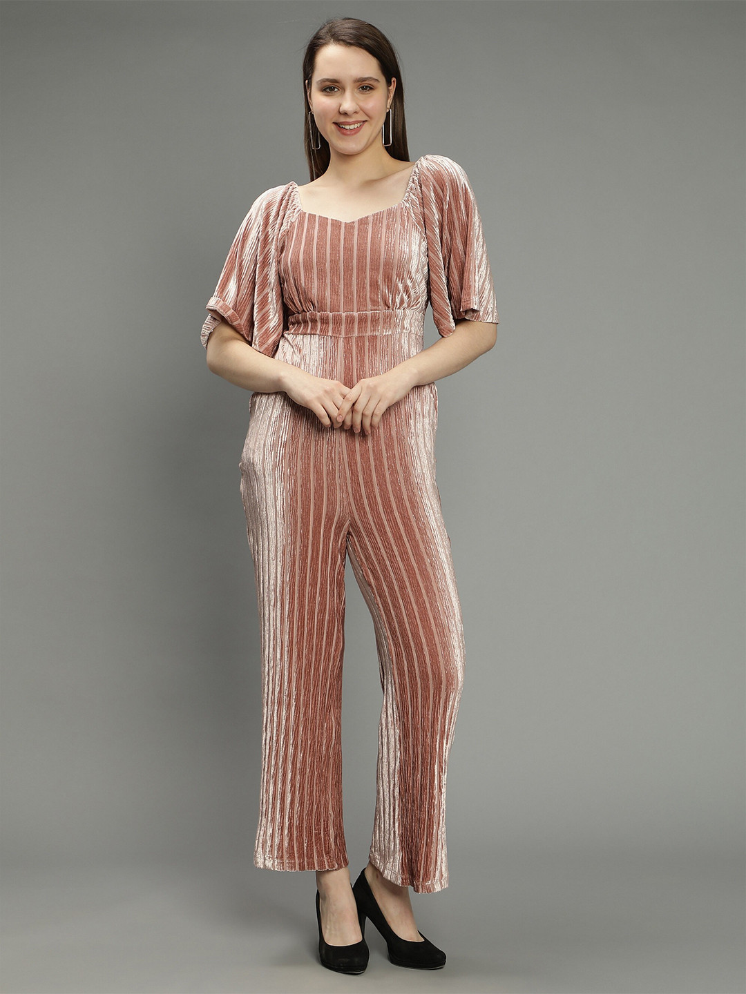 NUEVOSDAMAS Striped Sweet Heart Velvet Bell Sleeves Basic Jumpsuit