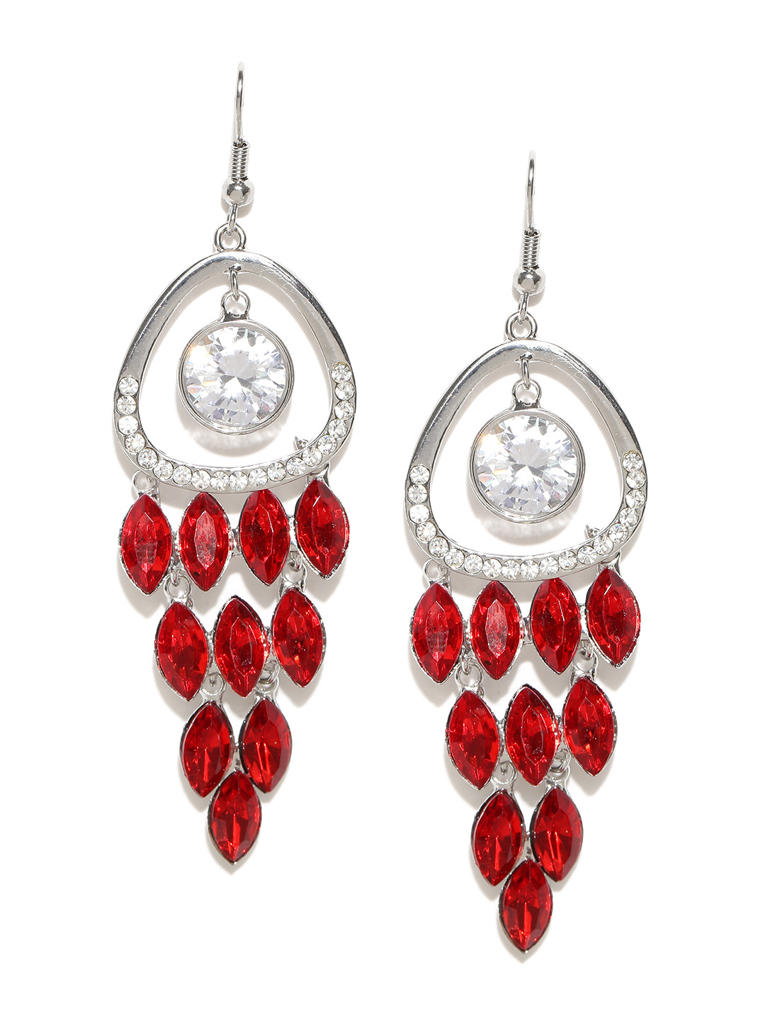 Jewels Galaxy Red Silver-Plated CZ Stone-Studded Handcrafted Drop Earrings