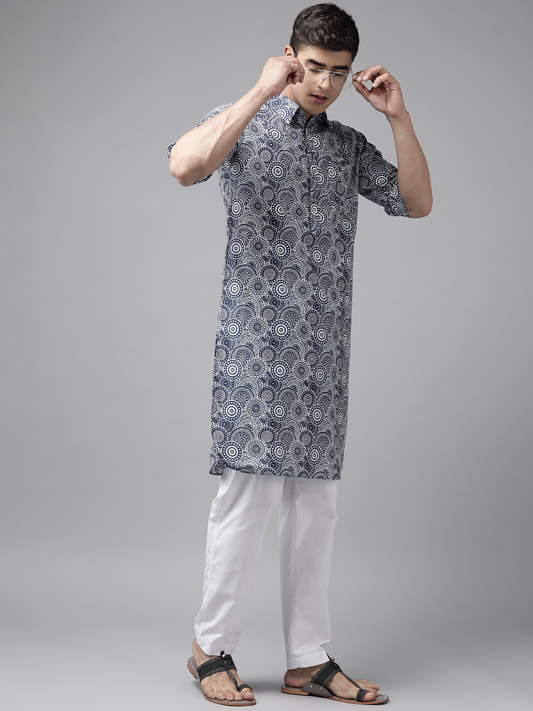 See Designs Men Blue Printed Regular Pure Cotton Pathani Kurta With Pyjamas