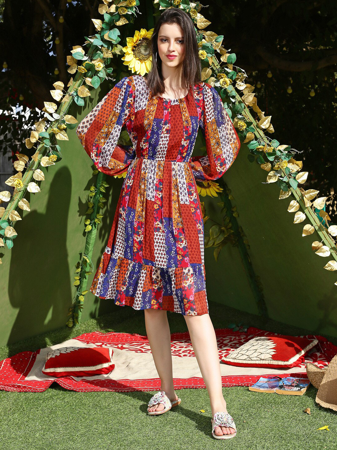 Sera Round Neck Bohemian Printed Chiffon A-Line Dress