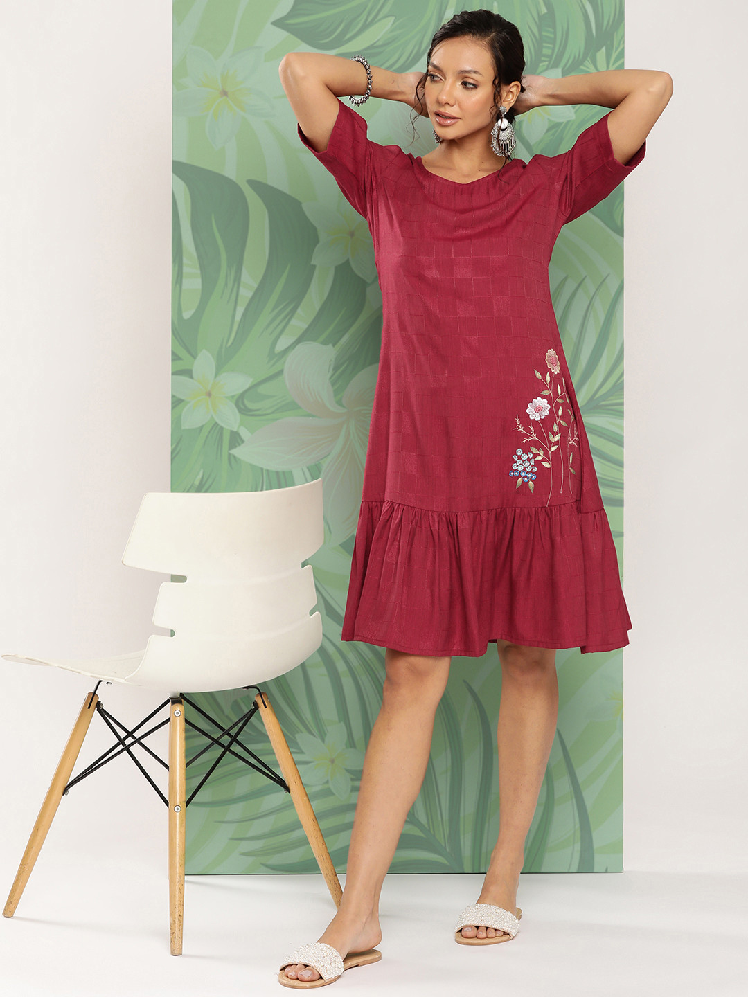 Yufta Maroon Floral Embroidered A-Line Ethnic Dress
