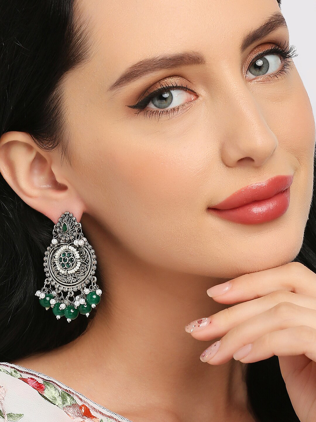 OOMPH Floral Oxidised Chandbalis Ethnic Earrings