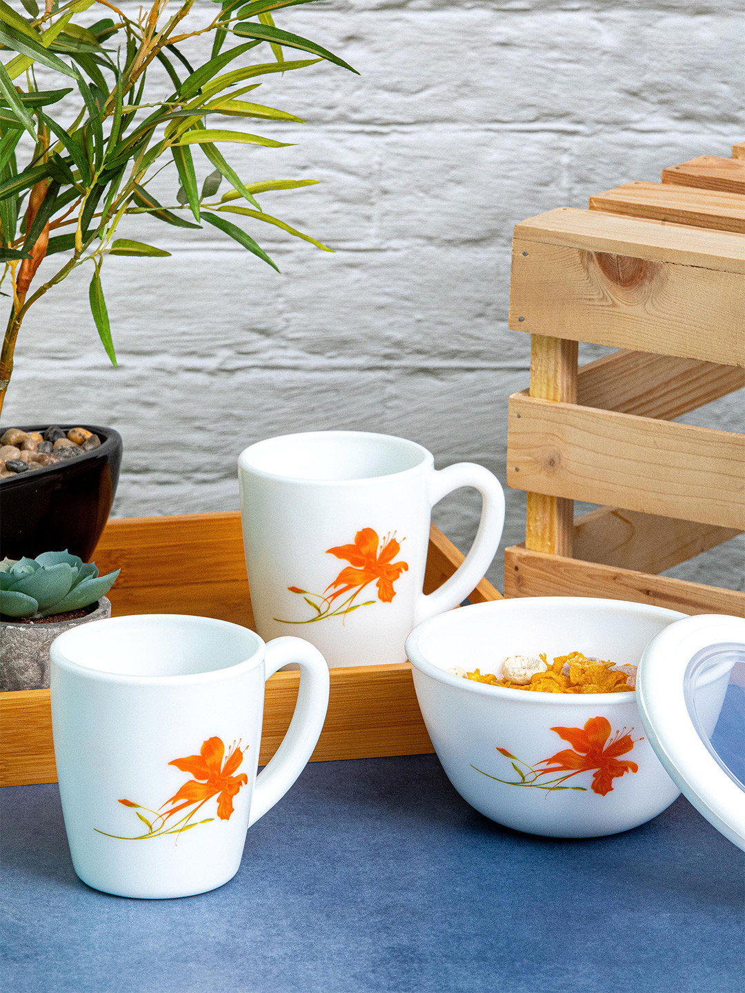 Cello Opalware Imperial Glorious 2pcs White Milano Mugs 280ml Each & 1Pc Mixing Bowl 500ml