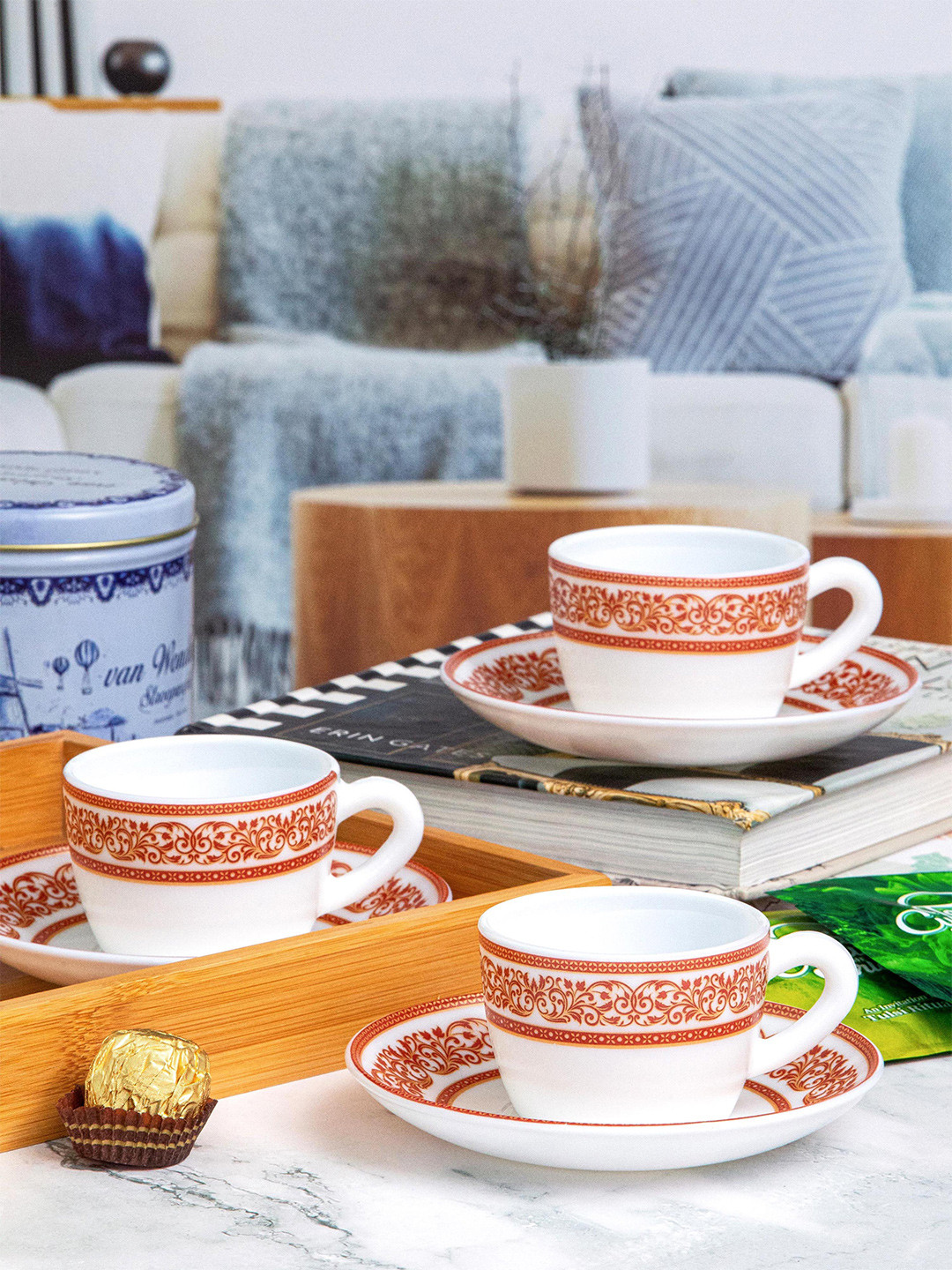 Cello Opalware Solitaire 12 Pieces White Printed Glossy Cups and Saucers 130 ml Each