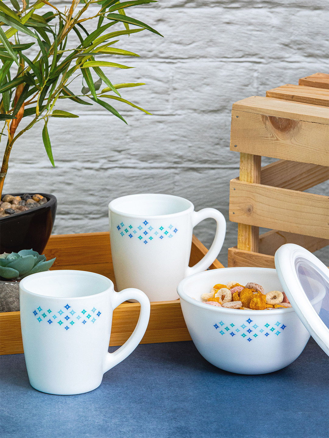 Cello Opalware Imperial Glorious 2pcs White Milano Mugs 280ml Each & 1Pc Mixing Bowl 500ml