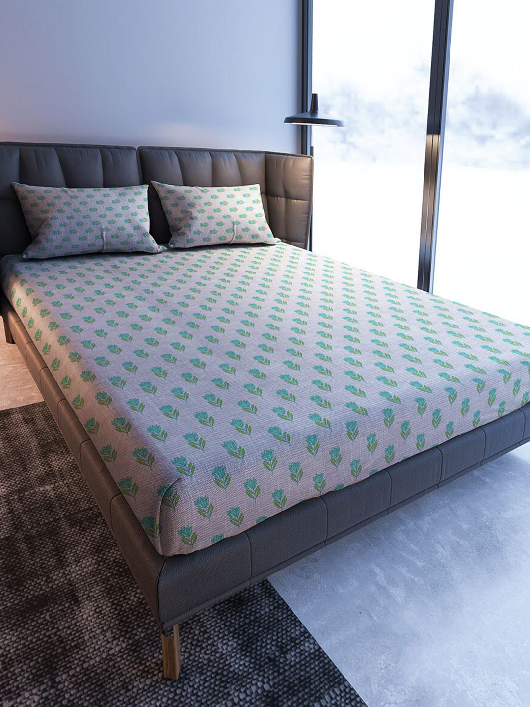 MAYFAIR HOMES LONDON Blooming Tales Grey 108 TC Cotton King Bedsheet & 2 Pillow Covers