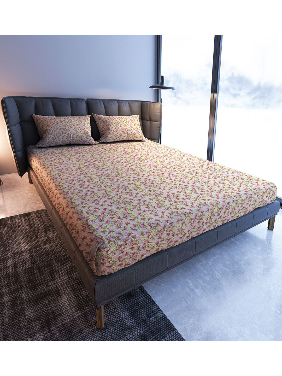 MAYFAIR HOMES LONDON Blooming Tales Yellow Floral Cotton 110 TC King Coarse Bedsheet with 2 Pillow Covers-108 x 108 inches