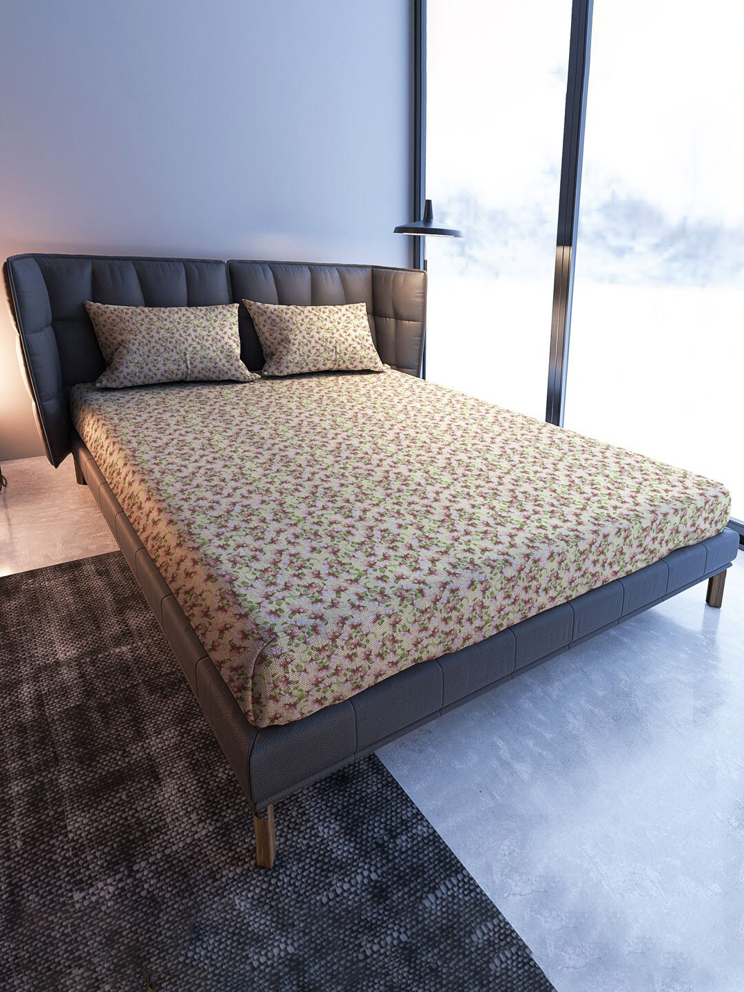 MAYFAIR HOMES LONDON Blooming Mini Brown Floral Cotton 120 TC King Bedsheet with 2 Pillow Covers-108 x 108 inches