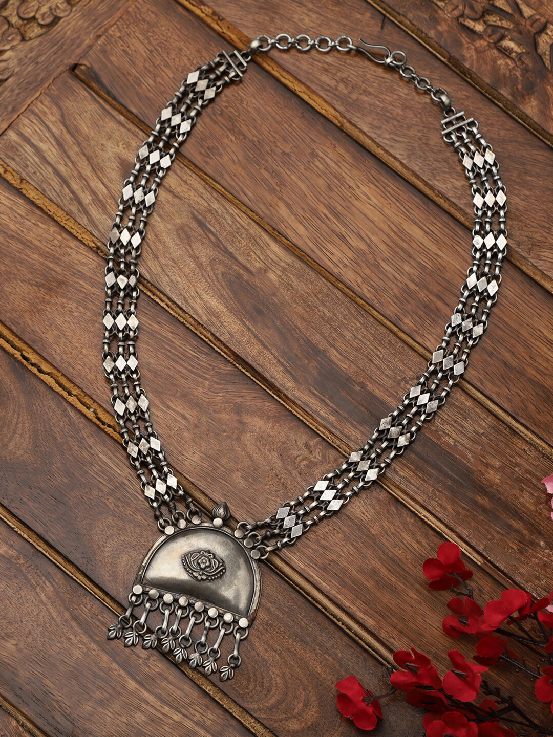 VENI Silver-Plated Oxidised Tribal Boho Long Necklace