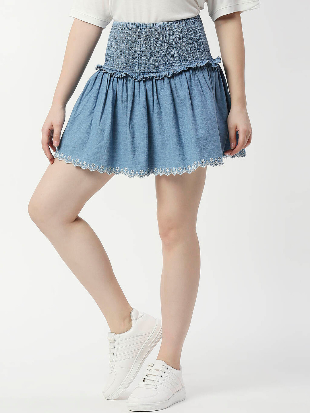 Pepe Jeans Smocked Pure Cotton Denim Mini Skirt